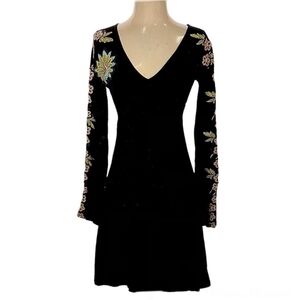Johnny Was Floral Peacock Embroidered Dress Black Bell Sleeve Cotton Size XS